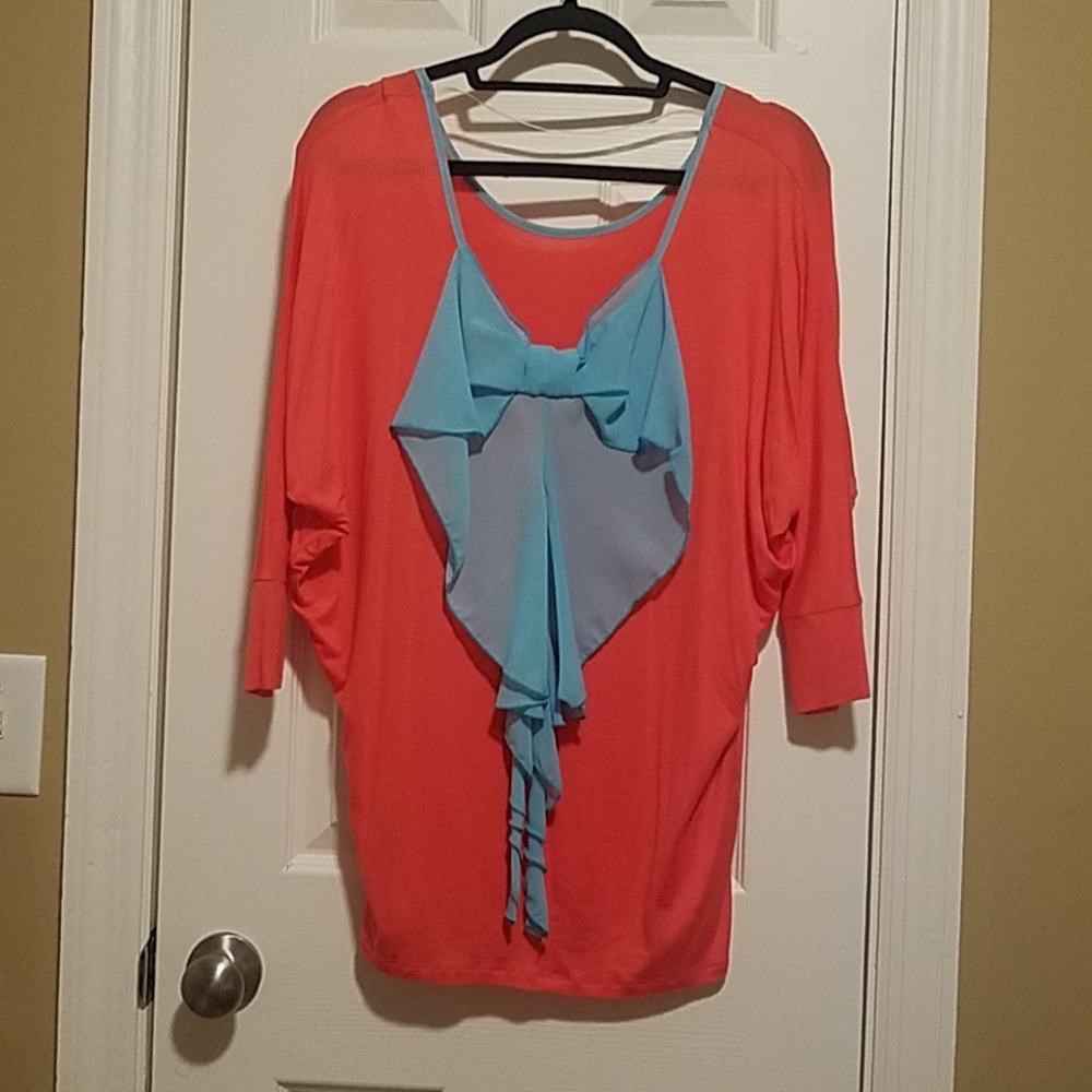 Luxe Coral and Baby Blue Bow Back Top